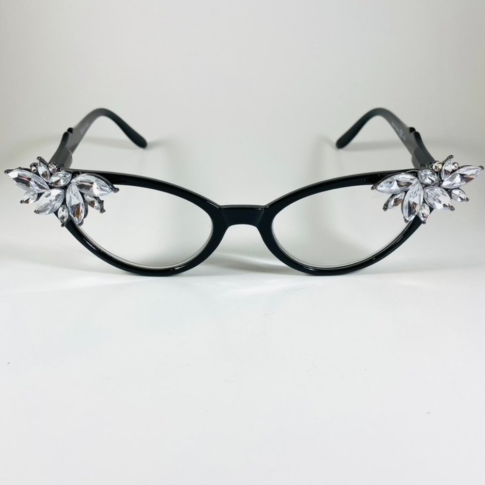 Retro Readers black frames with Clear Crystal rhinestones +2.25 reading glasses